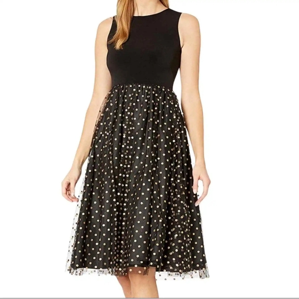 Calvin Klein Black and Gold Polka Dot Midi Dress